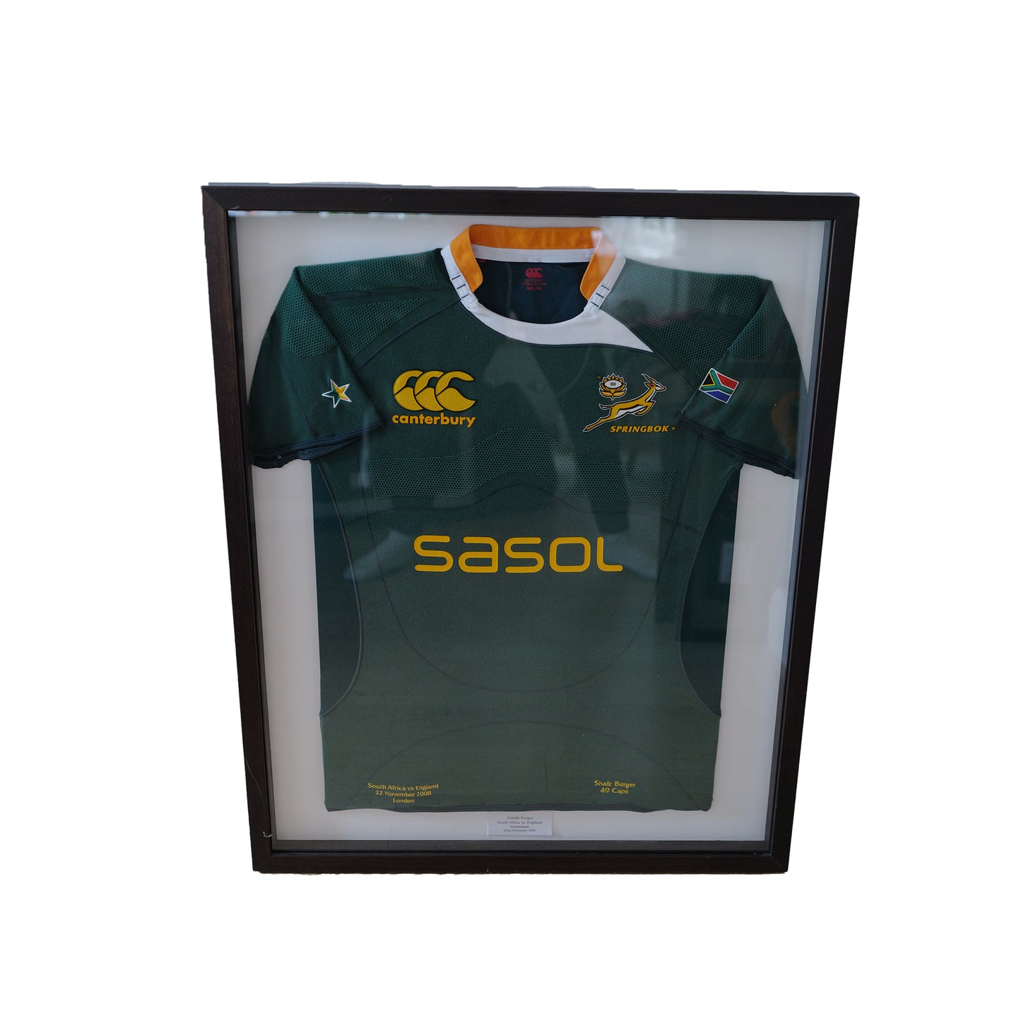 Framed South Africa Rugby Shirt – Schalk Burger – vs England, Twickenham 2008 (Player-Issued, From James Haskell Collection)