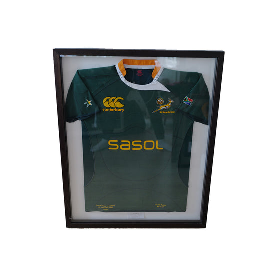 Framed South Africa Rugby Shirt – Schalk Burger – vs England, Twickenham 2008 (Player-Issued, From James Haskell Collection)